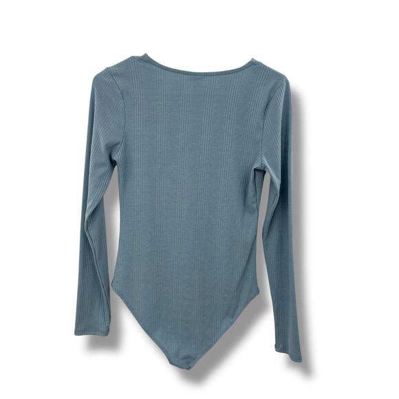 NEW Self Esteem Blue Bodysuit Size Medium Ribbed Knit Long Sleeve Lace Trim - Picture 6 of 6
